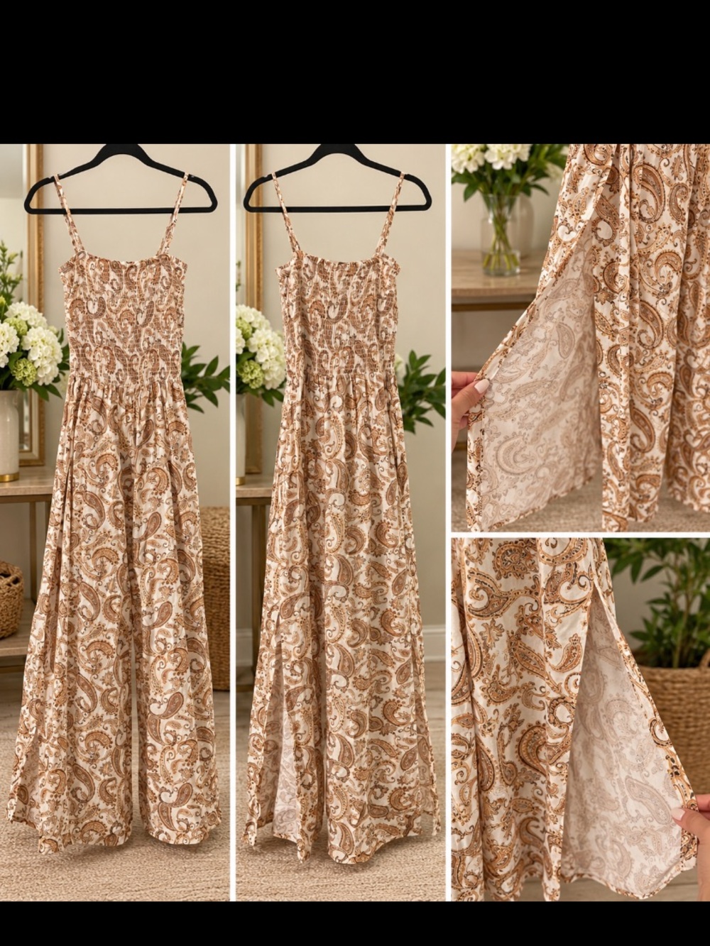 Paisley Print Wide Leg Jumpsuit with Side Slits